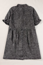 Load image into Gallery viewer, Medium Grey Mineral Wash Ruffled Short Sleeve Buttoned Denim Dress