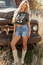 Load image into Gallery viewer, Dusk Blue Pearl Beaded Raw Hem Medium Wash Denim Shorts