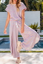 Cargar imagen en el visor de la galería, Pink Stripe Rainbow Tee Tasseled String Wide Leg Pants Set