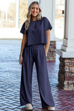 Load image into Gallery viewer, Navy Blue Raw Hem Loose Tee and Wide Leg Pants Set