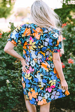 Load image into Gallery viewer, Blue Collared Split Neck Floral Flared Dress