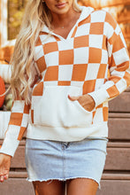 Load image into Gallery viewer, Gold Flame Checkered Split Neck Contrast Kangaroo Pocket Hooded Sweater