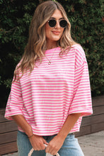 Cargar imagen en el visor de la galería, Pink Stripe Bowknot Cutout Back Drop Shoulder Wide Bracelet Sleeve Loose Tee