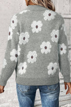 Load image into Gallery viewer, Gray Floral Pattern Half Zip Drop Shoulder Sweater