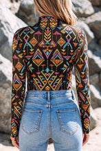 Cargar imagen en el visor de la galería, Color black Abstract Print Long Sleeve Stand Neck Mesh Top