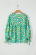 Load image into Gallery viewer, Green Abstract Printed Lace-up Lantern Sleeve Babydoll Blouse