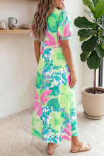 Load image into Gallery viewer, Green Stripe Floral Print Striped Trim Button Down Short Sleeve Vacation Dress