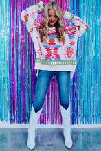 Load image into Gallery viewer, White Oversize Aztec Print High Low V Neck Sweater
