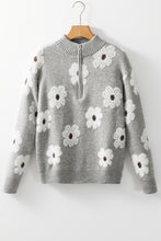 Load image into Gallery viewer, Gray Floral Pattern Half Zip Drop Shoulder Sweater