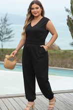 Load image into Gallery viewer, Black Plus Smocked High Waist Sleeveless V Neck Jumpsuit