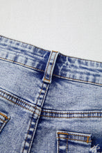 Load image into Gallery viewer, Beau Blue Pearl Studded Pockets Raw Hem Denim Shorts