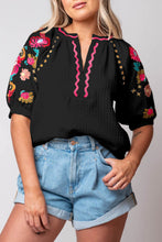 Load image into Gallery viewer, Black Floral Embroidered Ricrac Puff Sleeve Textured Blouse
