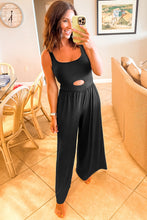Cargar imagen en el visor de la galería, Black Peekaboo Wide Leg Square Neck Sleeveless Jumpsuit