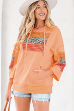 Load image into Gallery viewer, Grapefruit Orange Plaid Floral Patchwork Kangaroo Pocket Hooded Long Sleeve Top