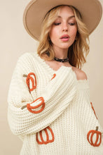 Load image into Gallery viewer, Beige Cable Knit Pumpkin Raw Hem V Neck Loose Sweater