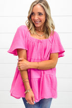 Load image into Gallery viewer, Bright Pink Textured Square Neck Flutter Sleeve Tiered Flowy Blouse