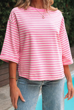 Cargar imagen en el visor de la galería, Pink Stripe Bowknot Cutout Back Drop Shoulder Wide Bracelet Sleeve Loose Tee