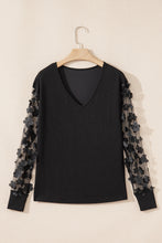 Load image into Gallery viewer, Black Flower Applique Mesh Long Sleeve V Neck Blouse