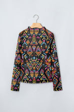 Cargar imagen en el visor de la galería, Color black Abstract Print Long Sleeve Stand Neck Mesh Top