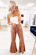 Cargar imagen en el visor de la galería, Straw Yellow Mineral Wash Lace-up High Waist Tiered Bell Bottom Pants