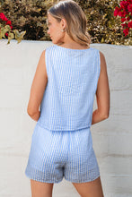 Load image into Gallery viewer, Sky Blue Stripe V Neck Bowknot Crop Tank and Shorts Set