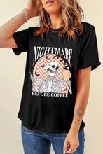 Load image into Gallery viewer, Black Nightmare Before Coffee Skull Checkerboard Graphic Halloween Tee