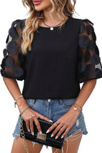 Load image into Gallery viewer, Black Contrast Applique Mesh Half Sleeve Blouse