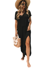 Cargar imagen en el visor de la galería, Black V Neck Hidden Pocket Splits Maxi T-shirt Dress