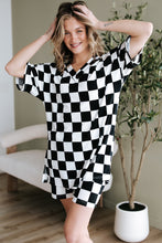 Load image into Gallery viewer, Black Checkerboard Print V Neck Loose Tee and Shorts Lounge Set