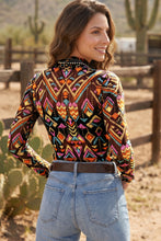 Cargar imagen en el visor de la galería, Color black Abstract Print Long Sleeve Stand Neck Mesh Top