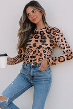 Load image into Gallery viewer, Brown Leopard Round Neck Long Sleeve Slim Top