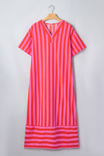 Cargar imagen en el visor de la galería, Red Stripe V Neck Cuffed Sleeve Relaxed Split Midi Dress