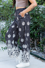 Cargar imagen en el visor de la galería, Black Bohemian Printed Drawstring Waist Wide Leg Pants