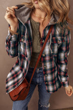 Load image into Gallery viewer, Red Plaid Print Chest Pocket Buttoned Hooded Shacket