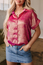 Cargar imagen en el visor de la galería, Rose Red Metallic Sheen Short Sleeve Buttoned Front Casual Shirt
