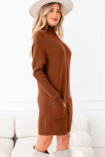 Load image into Gallery viewer, Chestnut Ribbed High Neck Front Pockets Center Seam Shift Sweater Dress