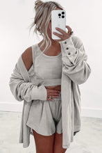 Load image into Gallery viewer, Gray 3 Pcs Crop Tank Top Shorts with Cardigan Lounge Set