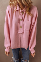 Cargar imagen en el visor de la galería, Pink Ribbed Knit Collared Henley Top with Chest Pocket