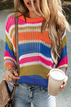 Load image into Gallery viewer, Orange Stripe Colorblock Hollowed Crochet 3/4 Sleeve Sweater
