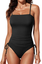 Load image into Gallery viewer, Black Ribbed Drawstring Sides Cutout One Piece Swimsuit