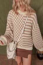 Load image into Gallery viewer, Khaki Stripe Checkerboard Drop Shoulder Balloon Sleeve Sweater