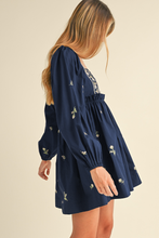 Load image into Gallery viewer, Blue Floral Embroidered Square Neck Puff Sleeve Ruffled Mini Dress