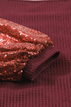 Cargar imagen en el visor de la galería, Burgundy Sequin Patchwork Sleeve Open Back Waffle Knit Top