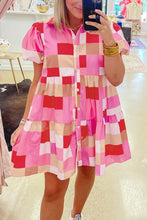 Load image into Gallery viewer, Pink Plaid Print Puff Sleeve Buttoned Tiered Dress