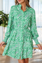 Load image into Gallery viewer, Green Paisley Print Long Sleeve Button Front Tied Waist Mini Dress