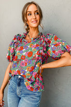 Cargar imagen en el visor de la galería, Red Floral Tie Split Neck Ruffle Puff Sleeve Blouse