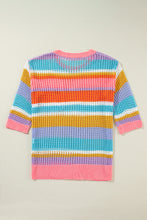 Load image into Gallery viewer, Pink Stripe Colorblock Hollowed Crochet 3/4 Sleeve Sweater