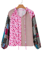 Load image into Gallery viewer, Pink Boho Mixed Floral Drop Shoulder Bubble Sleeve Blouse