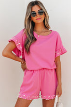 Load image into Gallery viewer, Bright Pink Textured Pearled Ruffle Sleeve Top 2 Piece Shorts Set