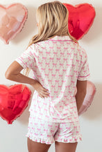 Load image into Gallery viewer, Pink Bowknot Printed Short Sleeve and Ruffled Shorts Valentines Pajama Set